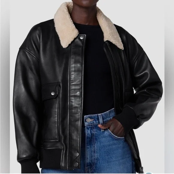 Hudson Womens Oversized Faux Leather Bomber Jacket Medium Black Shearling Edgy - Picture 5 of 15